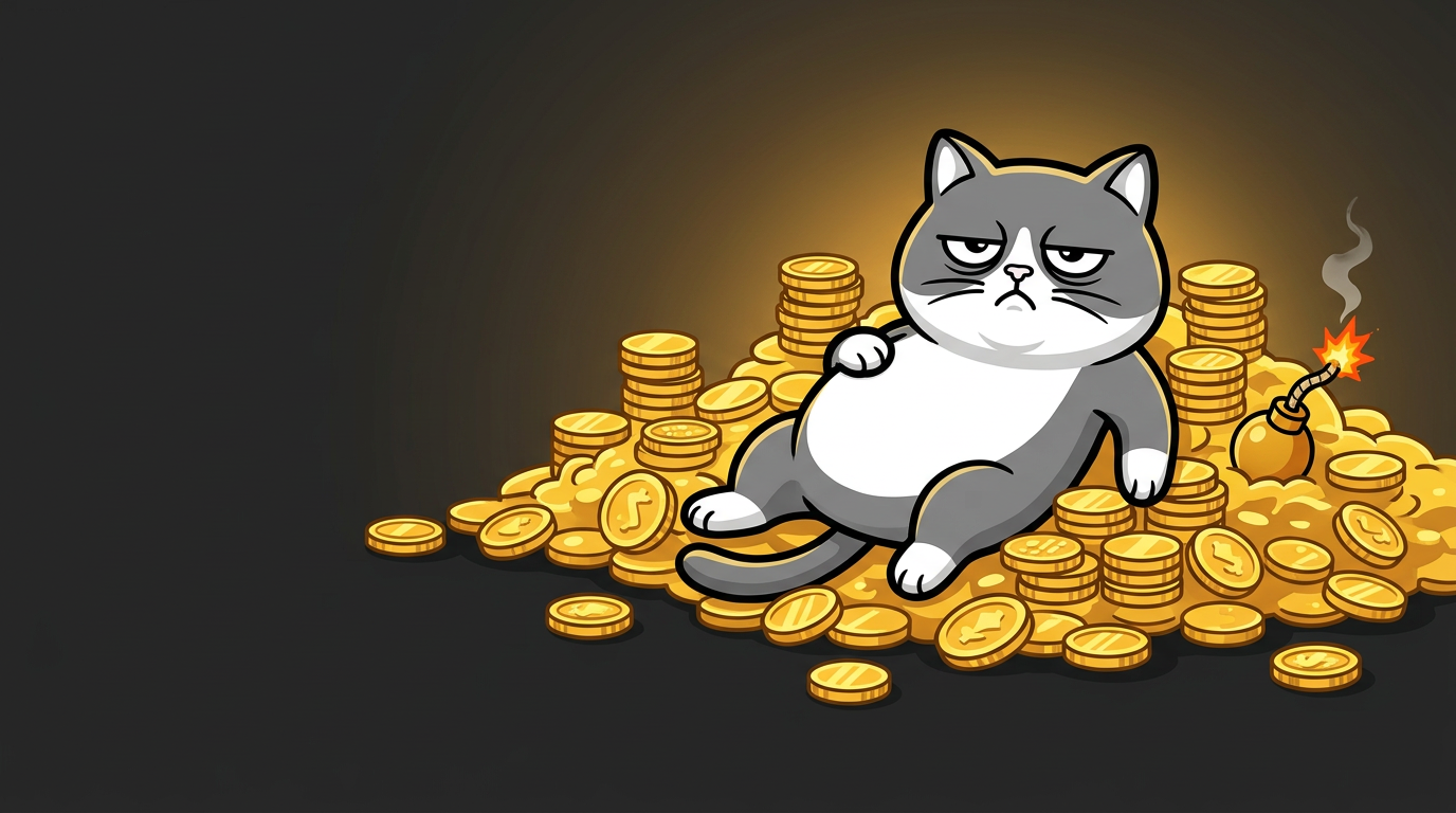 An unimpressed chubby cat lounging on gold coins beside a lit fuse bomb